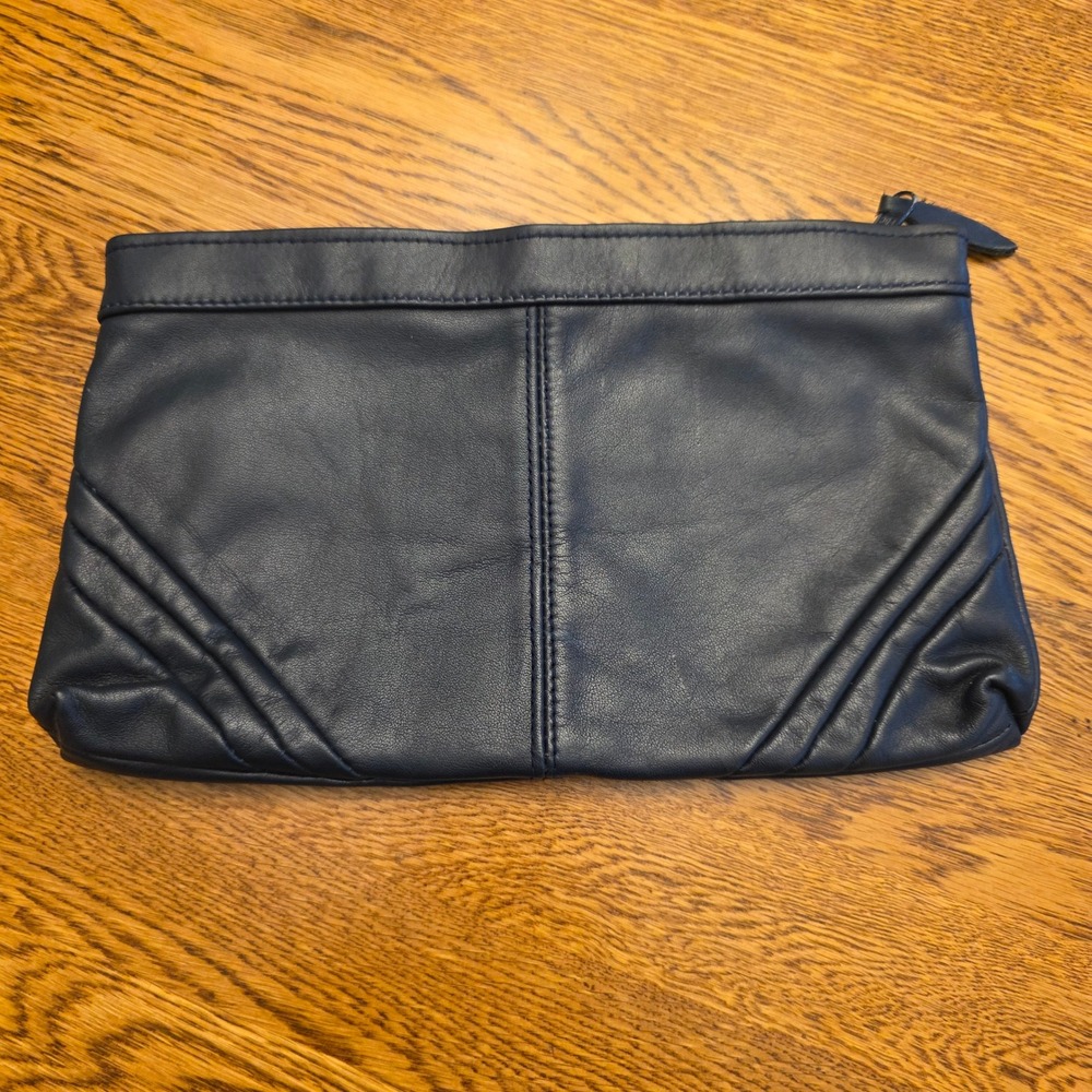 Vintage Antonia Navy Blue Genuine Leather Pleated Zip Clutch Purse Bag 80s